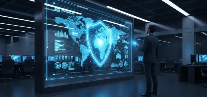 A professional using a laptop secured by advanced malware protection to block cyber threats in a modern office.