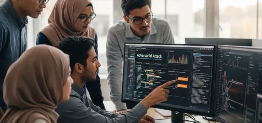 A diverse team of researchers analyzes Adversarial Machine Learning data and attacks on a computer monitor.