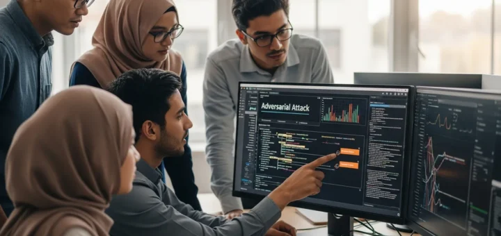 A diverse team of researchers analyzes Adversarial Machine Learning data and attacks on a computer monitor.