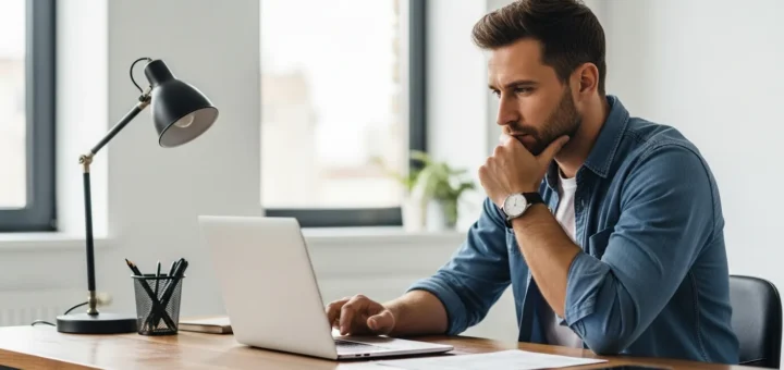 Man investigating a laptop screen for amazon redirect malware to stop unwanted browser navigation.