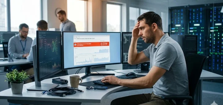 IT worker stressed by anti malware executable high cpu usage shown on a monitor in a modern data center office.