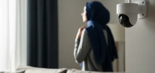 A woman in a hijab blurred in the background with cheap home security cameras mounted on a living room wall.