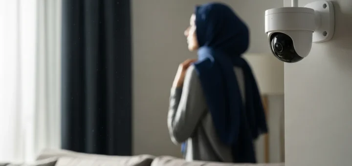 A woman in a hijab blurred in the background with cheap home security cameras mounted on a living room wall.
