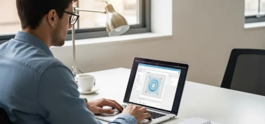 A man uses a security scanner to check Mac for malware and protect against digital threats.