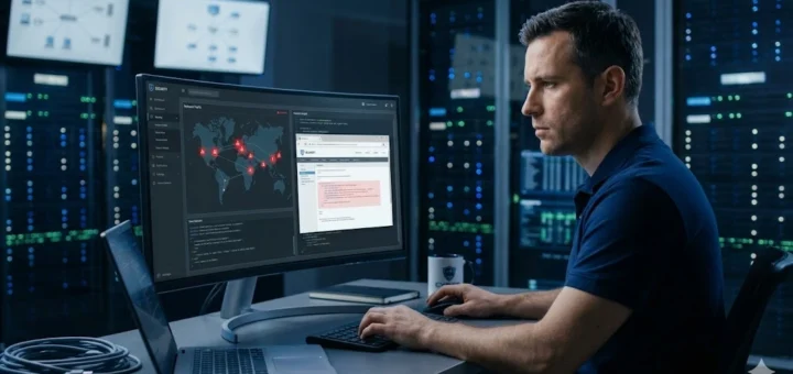 Cybersecurity analyst monitors software to check website for malware on a large screen in a data center.