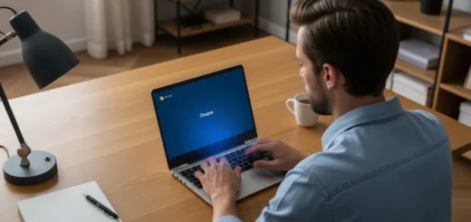 A man performing a chromebook malware scan on his laptop to ensure device security and data protection.