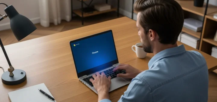 A man performing a chromebook malware scan on his laptop to ensure device security and data protection.