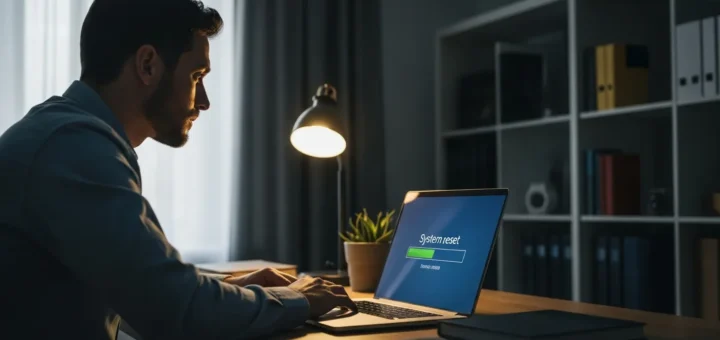 A man looking at a laptop screen to see if a factory reset remove malware from his compromised computer system.