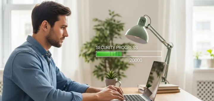 A man checking a security scan on his laptop to see if and how does mcafee remove malware from his device.