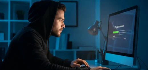 A professional analyzing an fbi warning fake file converters malware threat on a high-tech laptop screen.