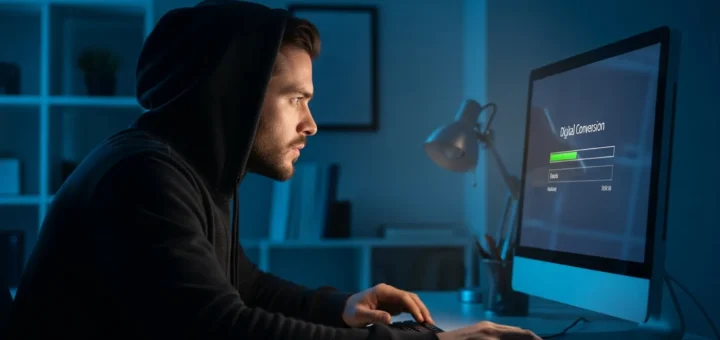 A professional analyzing an fbi warning fake file converters malware threat on a high-tech laptop screen.