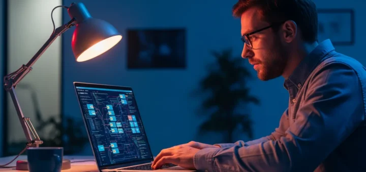 A professional reviewing the latest GitHub malware news and security trends on a laptop in a dark office.