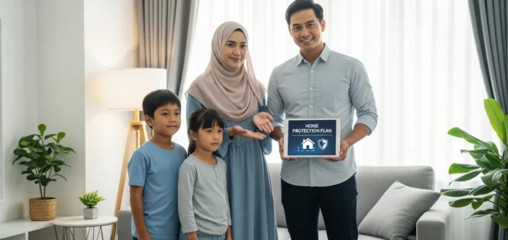 A smiling family in their living room, with the father holding a tablet showing a home protection plan.