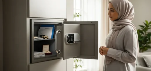 A woman in a hijab stands by one of the home security safes built into a cabinet, showing jewelry and documents inside.