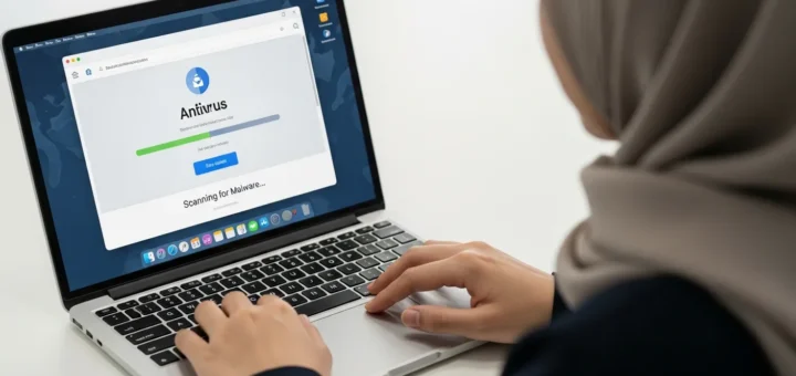 A person running an antivirus scan on a laptop to show how to check for malware on mac.