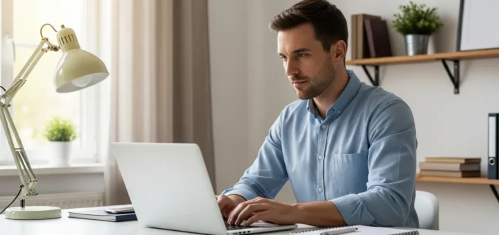 A man using a laptop while researching how to clean malware from mac for better system performance.