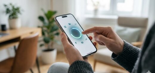 A close-up photograph of a person holding an iPhone in a sunlit apartment, using their index finger to interact with a stylized security scanning app displaying a circular progress ring and various security icons, visually demonstrating how to scan iPhone for malware.