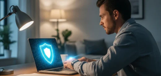 A digital security shield icon on a laptop screen analyzing if is luxuretv malware for safe browsing.