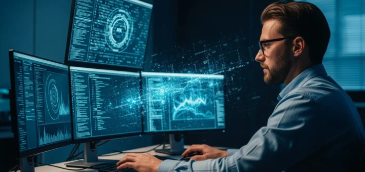 Professional malware analyst examining malicious code on multiple monitors during a reverse engineering task.