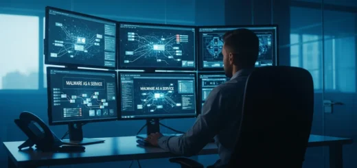 A cybercriminal using a malware as a service platform to launch sophisticated digital attacks from a dark office.