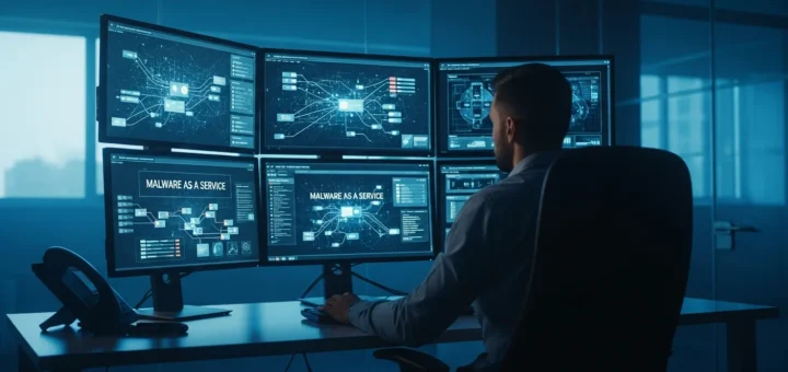 A cybercriminal using a malware as a service platform to launch sophisticated digital attacks from a dark office.