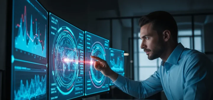 A cybersecurity specialist analyzing a malware.heuristic.2114 detection on a high-tech computer monitor.
