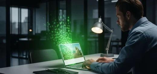 A professional man examining lines of green binary code hidden within the layers of digital malware images.