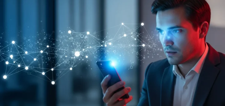 A man reviewing mobile malware growth Zscaler report data on his smartphone in a secure office setting.