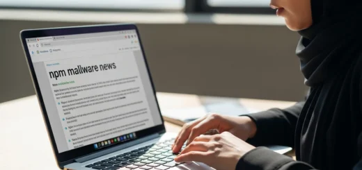 A person in a hijab browsing 'npm malware news' on a laptop.