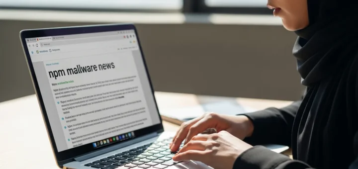 A person in a hijab browsing 'npm malware news' on a laptop.