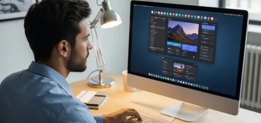 A man investigating a persistent desktop dock on a computer screen to see if OneLaunch malware is present.