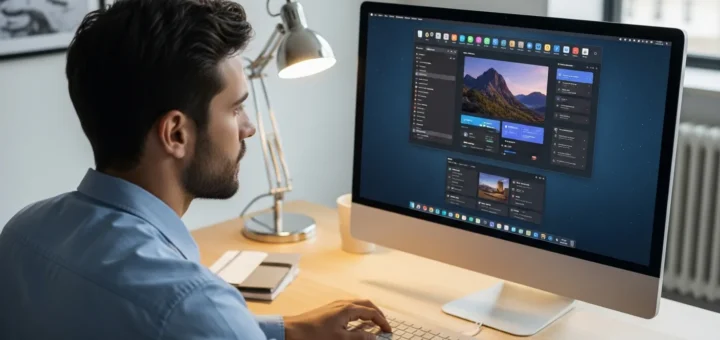 A man investigating a persistent desktop dock on a computer screen to see if OneLaunch malware is present.