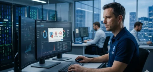 An open gatekeeper friendly malware blocked notification on a monitor in a high-tech cybersecurity operations center.