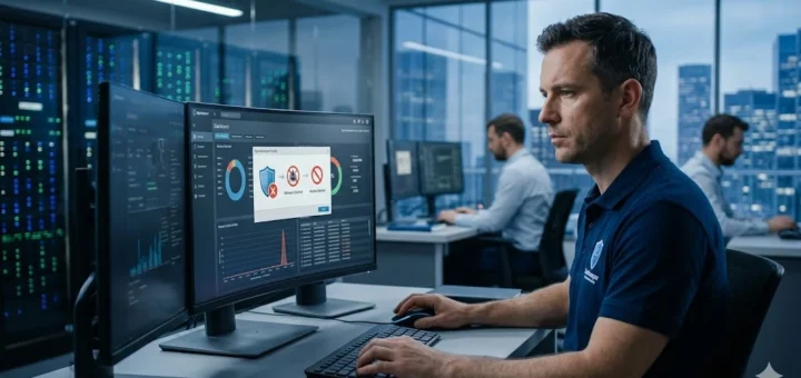 An open gatekeeper friendly malware blocked notification on a monitor in a high-tech cybersecurity operations center.