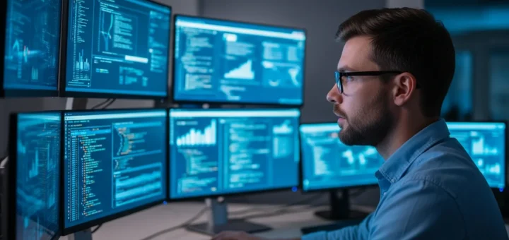 Cybersecurity professional engaged in reverse engineering malware to protect against modern digital threats.
