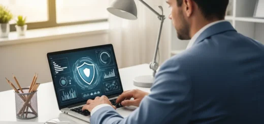 A man using security software to scan for shift browser malware on a high-end laptop.