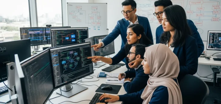 Diverse team of tech professionals collaborating on Software Supply Chain Security in a modern office.