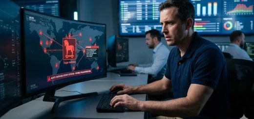 Cybersecurity expert monitoring a network alert for Trojan malware on a global threat map in a command center.