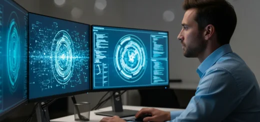 A man performing virtual lab malware analysis cybersecurity training on a dual-monitor setup in a modern office.