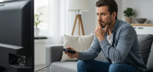 A man examining a digital streaming device for potential vseebox malware security threats.