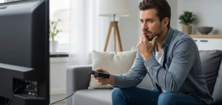 A man examining a digital streaming device for potential vseebox malware security threats.