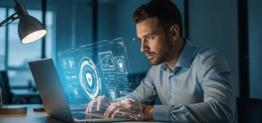 A professional man analyzing potential wave browser malware security risks on a modern laptop screen.