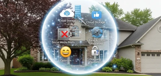 House in a glowing bubble with digital terms. Use to find what is not a physical security measure for your home.