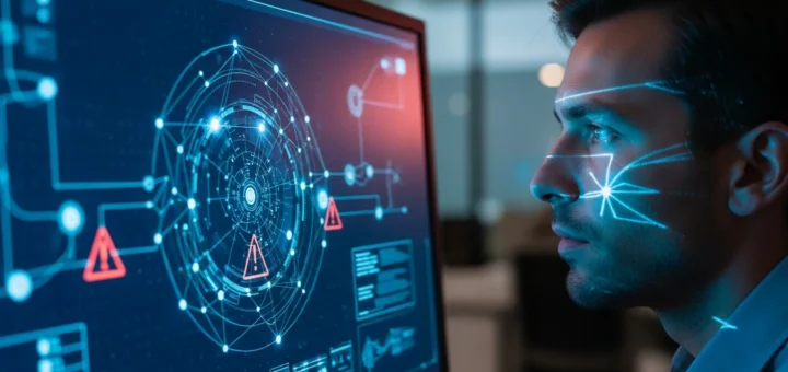 A digital security dashboard highlighting 15 different types of malware threats in a futuristic 2026 setting.
