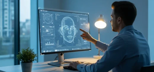 A man using AI deepfake detection tools for beginners to analyze a digital video portrait on a computer.