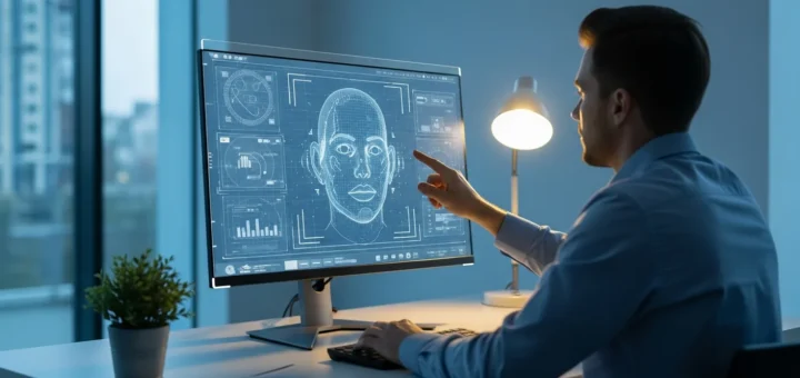 A man using AI deepfake detection tools for beginners to analyze a digital video portrait on a computer.