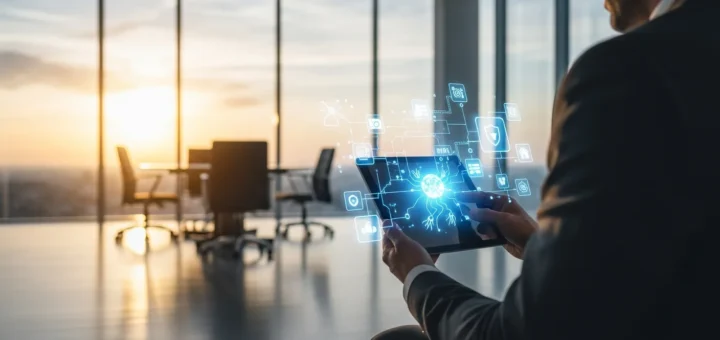 Professional man reviewing an AI governance policy template for businesses on a digital tablet in a modern office.