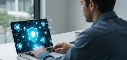 A man explores various AI-powered cybersecurity tools for beginners on a sleek laptop with a digital shield icon.