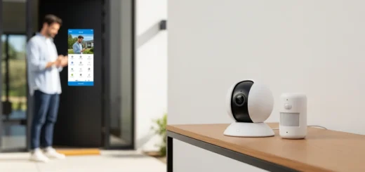 A man setting up one of the best budget-friendly smart home security systems on a modern entryway table.