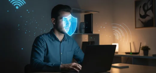 A man securing his private connection using the best firewall software for home use on a modern laptop.